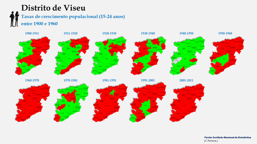 Distrito de Viseu - Evolução da população (15-24 anos) dos concelhos do distrito de Viseu entre censos (1900 a 2011). 