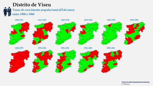 Distrito de Viseu - Evolução da população (25-64 anos) dos concelhos do distrito de Viseu entre censos (1900 a 2011). 