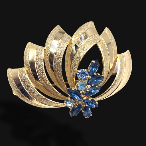 1950s Vintage aqua & sapphire blue dazzling cluster accentuate the gold ribbons Brooch in a classy timeless beauty -- art.283/6