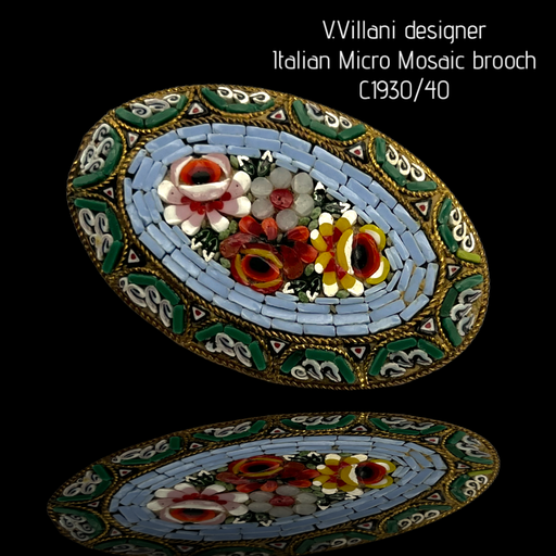 Vintage V. Villani Italy floral Micro Mosaic oval Shaped Brooch -Ca.1930-1940 splendidly detailed with very tiny tiles -art.511/6