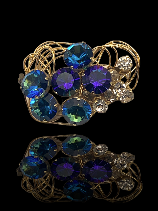 Marvelous and rare designer Brooch w/cluster peacock crystals accentuated by sparklin rhinestones set on gold tangled wires-art.83/5