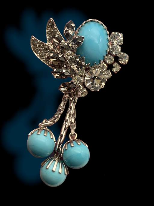 Dangling design Glass turquoise stone brooch with layers of gray diamond and clear rhinestones in a pleasant foliage arrangement-Art.522/5