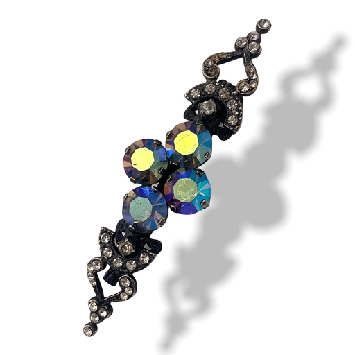 1950 brooch bar with amazing crystals peacock on Japanned finish -667/3-