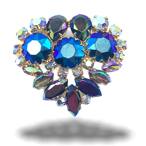 GORGEOUS Peacock Blue /Green/Purple Glass Brooch,Heart Brooch,Glittering Stones,Gold Tone Metal,Collectible Vintage Jewelry-Art.392/6