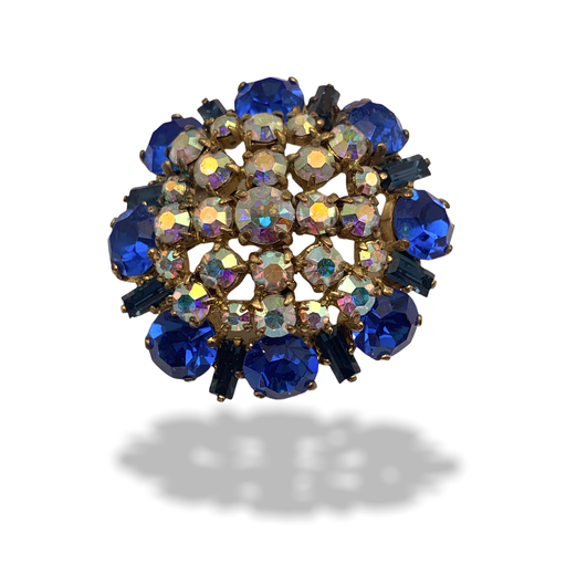 1950s European Vintage sparkling Blue and superb AB rhinestones layered Brooch - Quality stones on gold tone setting -art.617/5