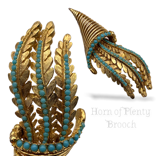 Beautiful Vintage Aqua Cabs foliage Cornucopia Horn of Plenty Pin Brooch in brushed & shiny gold finish -- Art.157/6