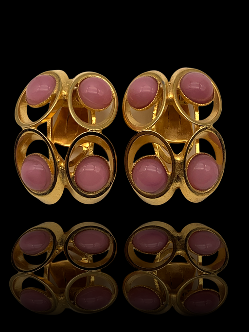 Art glass Pink Cyclamen/Mauve color cabochons set into a airy rectangle form earrings - so cool design of 1960's - Art.34/5