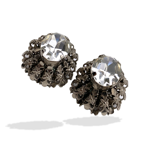 Stunning Retro bride crystals Earrings - silver tone filigree and large oval crystal on a attractive 50s cupcake design- Art.355/5