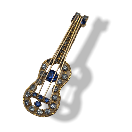 Adorable Guitar Brooch/Pin 1950s - Prong set brilliant rhinestones in two shades of blue on lovely detailed design in gold tone- art.124/5