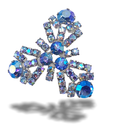 Three petal flower or snowflake brooch with sparkling sky-blue boreal sparkle rhinestones - just a heavenly touch for your dress -art.122/6