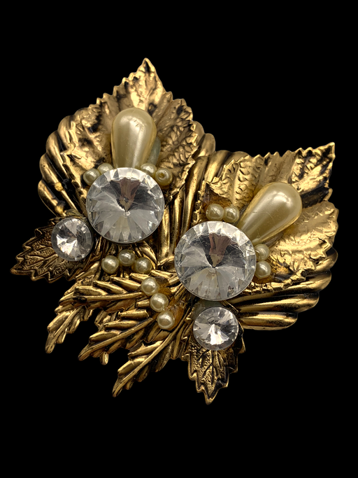 1970s elaborate design Earrings - oversize gold, crystals and pearls - gold and crystal -very glam--art.306/3