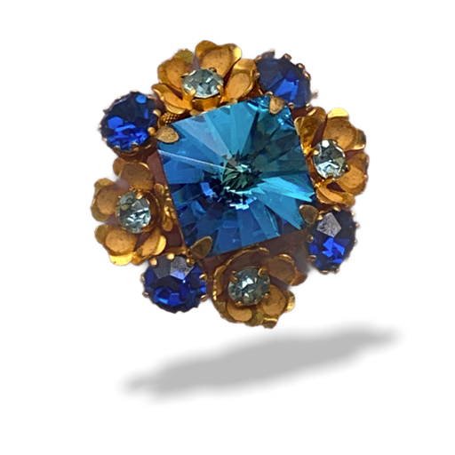 1950s Fiery large cushion cut Rivoli stone brooch - vibrant blue rhinestones with lovely flowers gold - great stones quality - Art.243/4