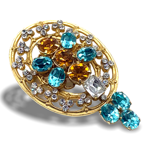 Eye-Catching ornate Renaissance inspired brooch w/large topaz chaton and aquamarine - opulent 50s design pin -Art.222/5
