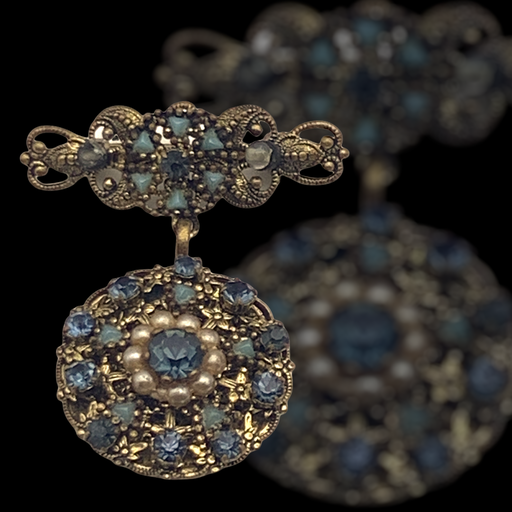Old Europe Victorian style dangle brooch - blue shades on Russian gold finish, very nice stones set on a elaborate floral setting -art.122/5