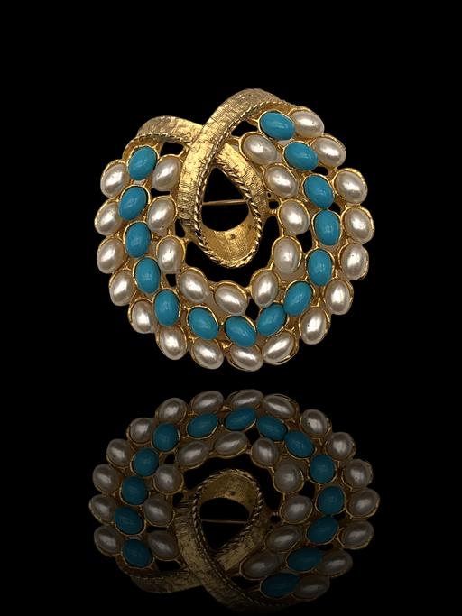 Vintage 1950s pearls and turquoise cabochons brooch - timeless beauty ready for wear- Art.497/5
