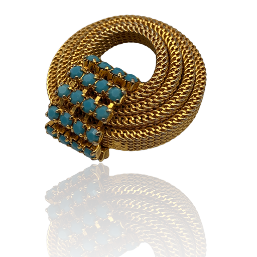 Very nice Bright gold tone circle brooch with turquoise opaque crystals band - simply chic -- Art.262/3