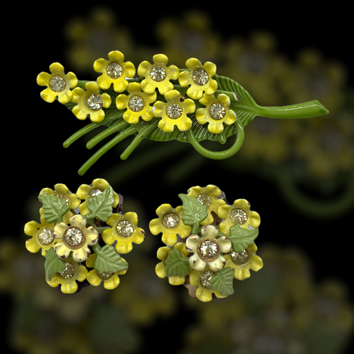 Retro Yellow & Green Enamel Miniature Flower Rhinestone Spray Pin Brooch Set - adorable 1940s set - Art.576/6
