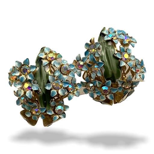 Lovely Vintage Gold Tone Blue Enamel AB Rhinestone Clip On Earrings -fantastic floral design 1950 -Art.27/3 --