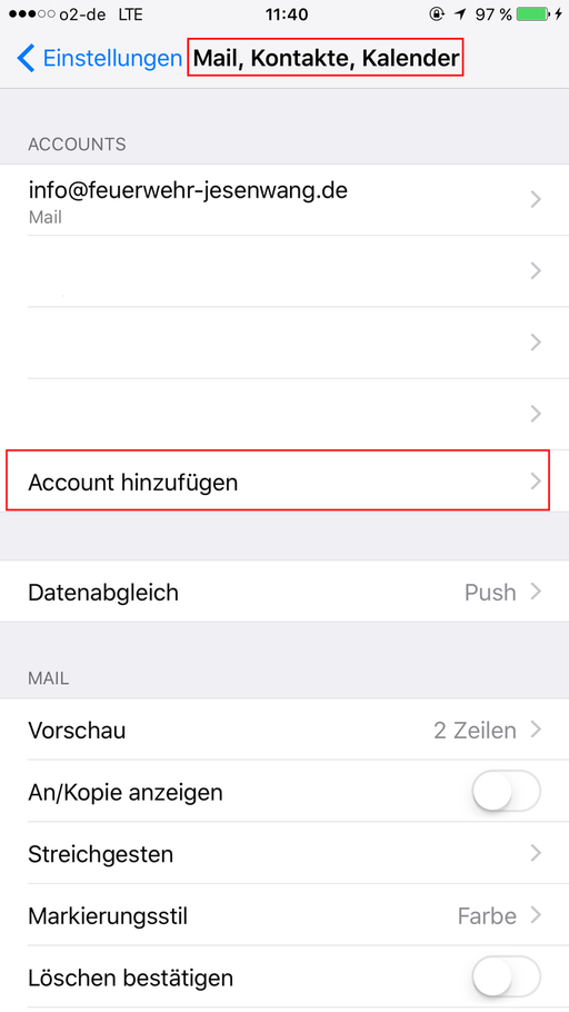 Gehen Sie zu: Einstellungen > Mail, Kontakte, Kalender > Account hinzufügen...