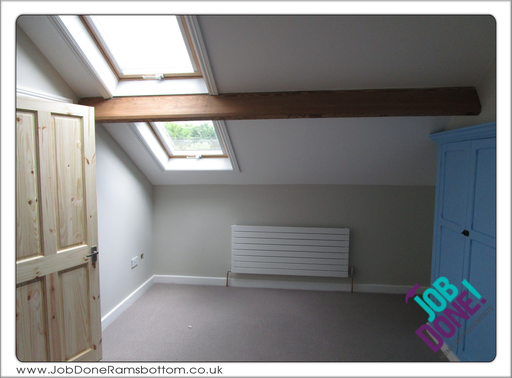 Loft bedroom; hung and fitted new door and decorated.