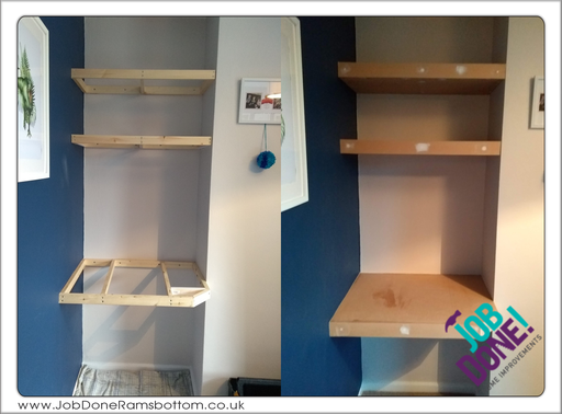Floating shelves and desk; timber frame with MDF cladding, the client is painting them.