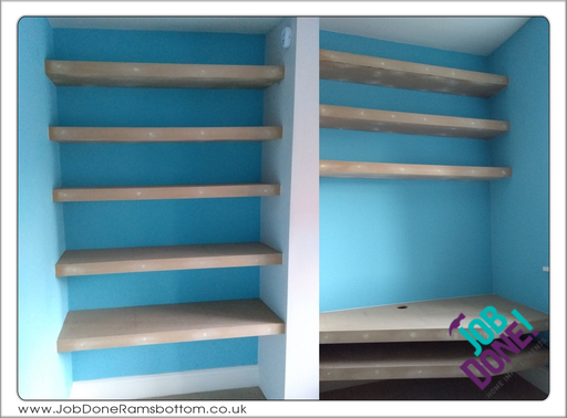 Floating shelves; custom built into two alcoves, the client is painting them.
