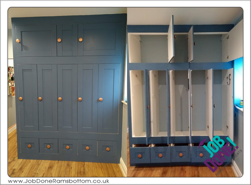 Storage cupboards and drawers; built out of MDF and painted.