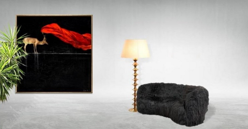Flemming Lassen Icelandic Lamb Sking Sofa, Sweden, 1930s / Swedish Brass Floor Lamp, 1970s / Oail Painting by Giuseppe Piovesan. PN.Modern