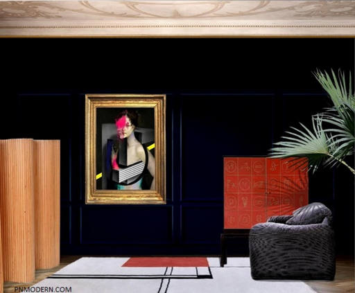 Interior Project For a Customer, Lido, Venezia, Italy, 2017. Otto Schulz "Zodiac" Cabinet in Leather and Brass by Firma Boet Gothenburg Sweden, 1939 / Mondrian Rug, 1920s / Alvar Aalto Room Divider, 1930s / Vico magistretti Maralunga Armchair, 1974