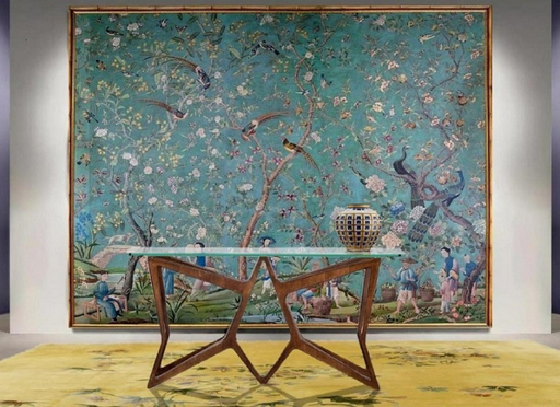 Wall: Chinese (copy) of an 16th Century Panel / Floor: Early 20th century Chinese Silk Rug / Ico parisi Italian Table-Console, 1950s / Gio Ponti Vase by Richard Ginori Milano, 1930s. PN.Modern