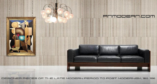 Giuseppe piovesan Oil painting, 2015 / TZ Leuchte Large Lobby Chandelier, 1980s / Afra & Tobia Scarpa "Bastiano" Rosewood Leather Sofa, Gavina, 1962. PN.Modern