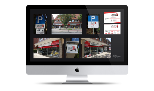 Parkplatzschilder (50x75cm & 50x60cm), Shopface Leuchtkästen (716x63,5cm) & Nasenleuchtkasten (59x59cm) sowie Fensterfolien, Visitenkarten (2-seitig, Querformat) – Roller Store – Rüdiger Klörs in Hamburg