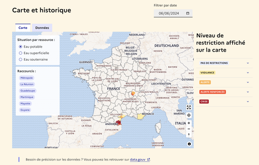Eau potable : niveau de restriction affiché sur la carte
