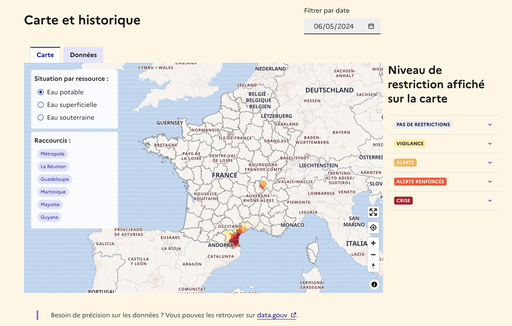 Eau potable : niveau de restriction affiché sur la carte