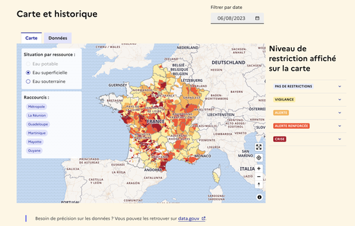 Eau superficielle : niveau de restriction affiché sur la carte