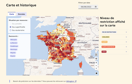 Eau superficielle : niveau de restriction affiché sur la carte