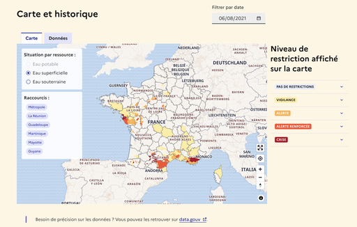 Eau superficielle : niveau de restriction affiché sur la carte