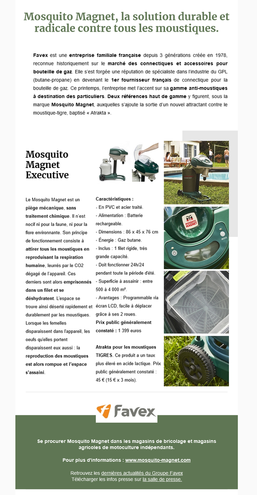 Dossier de presse Spécial "Anti-nuisibles au jardin" - Favex Moquito Magnet appareil anti-moustiques