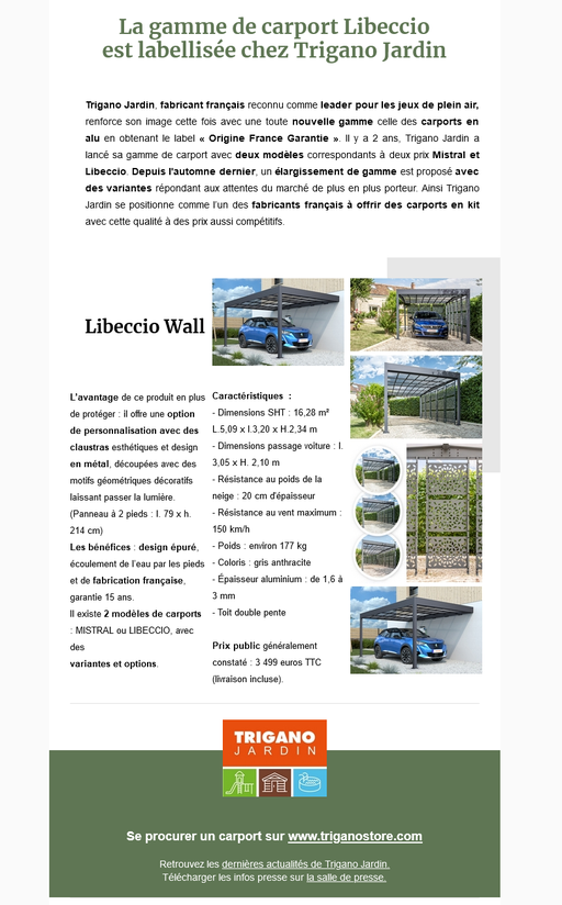 Dossier de presse Spécial "Origine France Garantie" - Trigano Jardin carport Libeccio