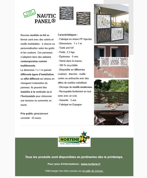 Dossier de presse Spécial "Brise-vues" - Nortene Panneaux design Natuci Panel
