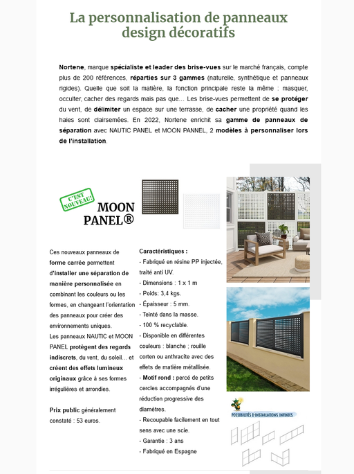 Dossier de presse Spécial "Brise-vues" - Nortene Panneaux design Moon Panel