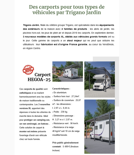 Dossier de presse Spécial "Abris pour véhicules" - Trigano Jardin Carport XL pour camping-car
