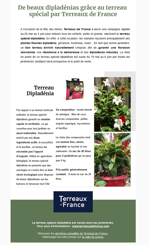 Dossier de presse Spécial "Plantes fleuries" - Terreau spécial Dipladénia Terreaux de France