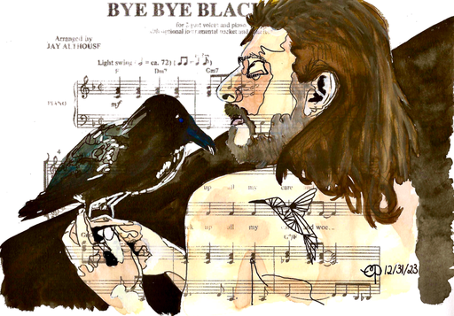 "Bye, Bye Black Bird", 12/31/2023, (aquarel on paper, sheet music, 21x29,7)