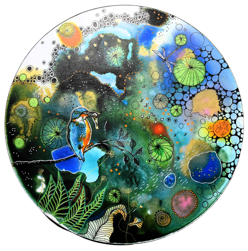 "Pêche au bec" Encres et Posca sur toile 30 cm diamètre