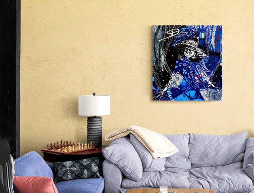 Sarah Esslinger-Dahlmann, Flucht in die Einsamkeit (Abstraktion eines Frauenportraits), März 2011, 60 x 70 cm, Acrylfarbe auf Leinwand, Raumansicht, Kunst im Wohnzimmer, creme-gelb und verschiedene Blautöne, schwarz und weiß