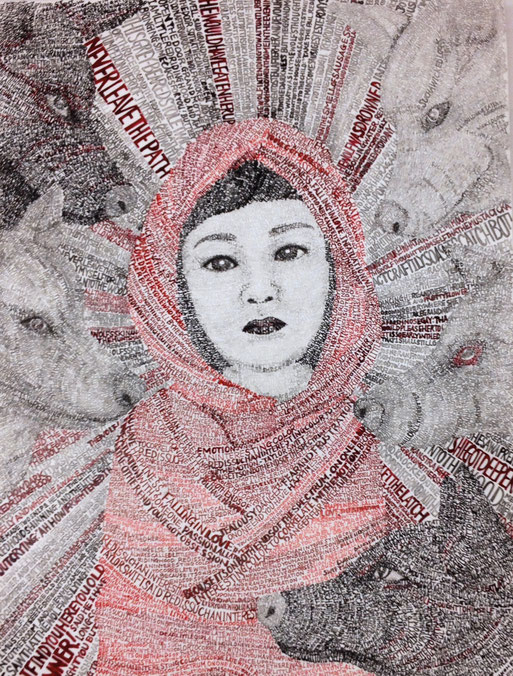 Asian Girl in a Red Hood and Wolves, 18x24, Ink on Wood Panel, 2017