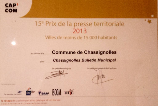 Prix Cap'Com 2013 décerné à Chassignolles