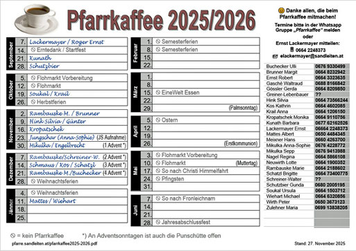 Liste mit der Pfarrkaffee Diensteinteilung 2025/2026 (zum Herunterladen aufs Bild klicken)