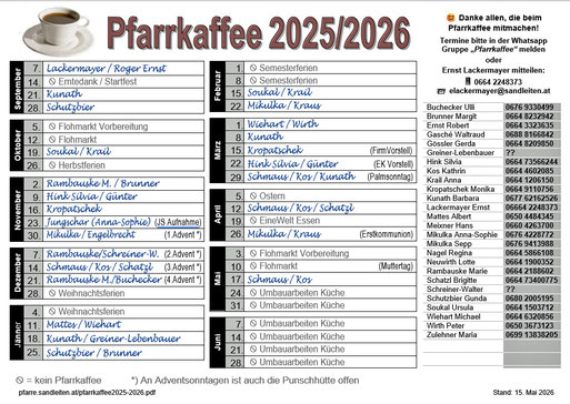 Liste mit der Pfarrkaffee Diensteinteilung 2025/2026 (zum Herunterladen aufs Bild klicken)